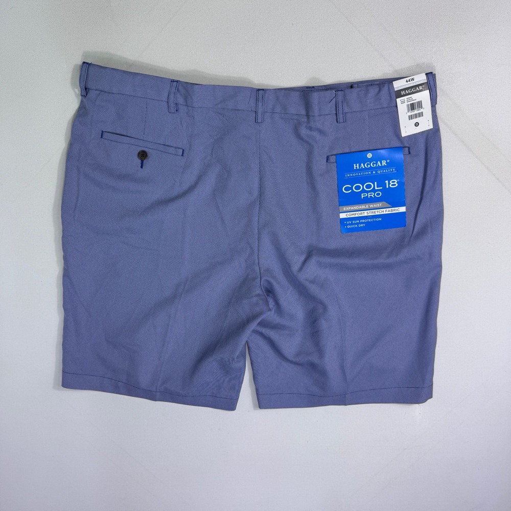 Haggar Cool 18 Pro Mens 44 Blue Oxford Expandable Waist Comfort Stretch Shorts